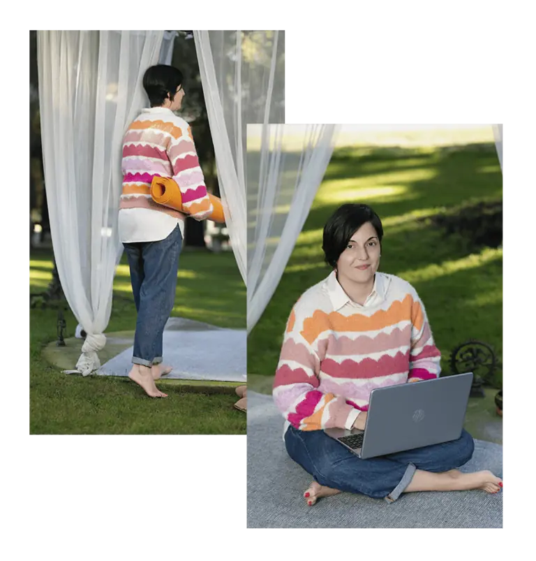 Laura Rabot practicando yoga y trabajando con el portátil al aire libre